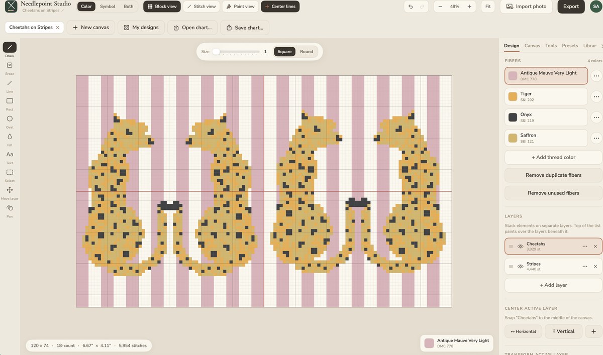 The Needlepoint Studio editor — designing a cheetah canvas in real thread colors, with layers and the thread palette