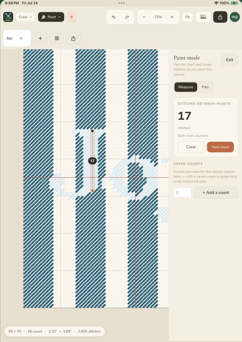Paint mode on iPad — the Stitches Between Points readout showing 17 as you measure the chart while painting